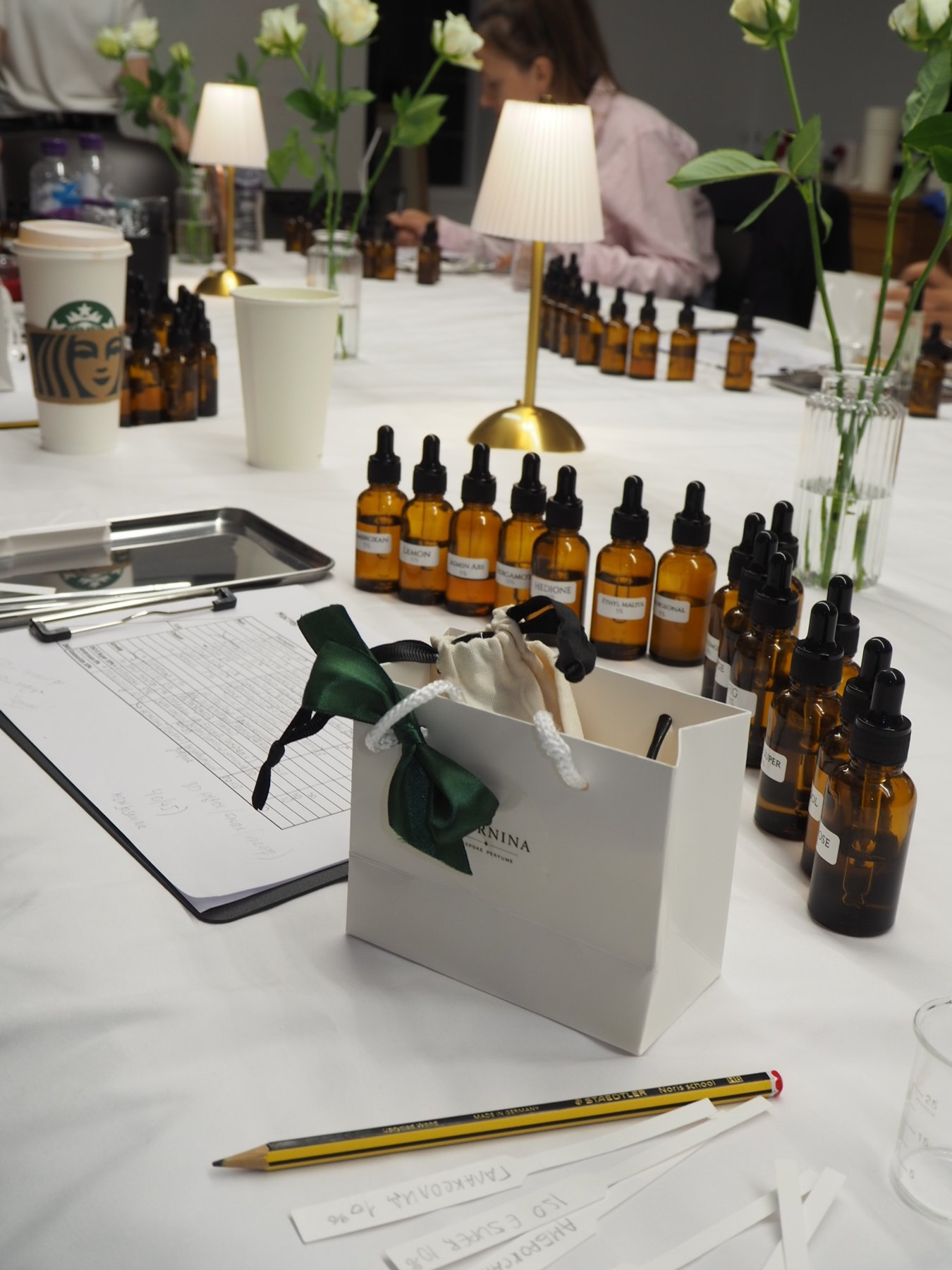 A guest’s perfume workstation with scent ingredients
